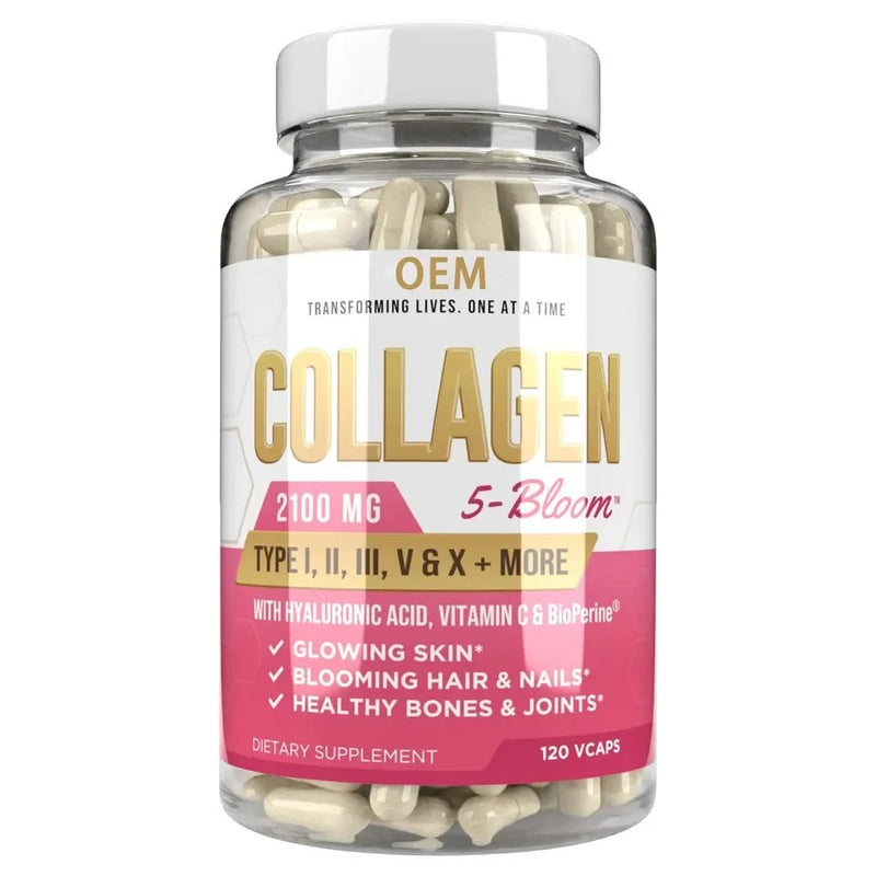 Multi-Collagen Capsules with Hyaluronic Acid and Digestive Enzymes (Type l, II, III, V, and X; 2100mg)