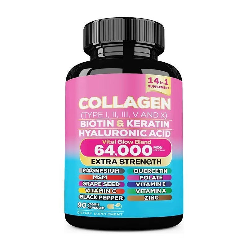 14-in-1 Multi-Collagen Blend Capsules (Type I, II, III, V & X, 64000MCG) — Collagen, Biotin, Keratin, Hyaluronic Acid, Magnesium, Grape Seed, MSM, Vitamins C, E & A, Quercetin, Folate, Zinc, and Black Pepper