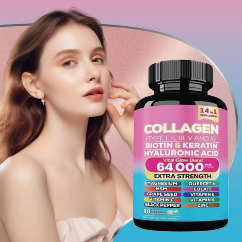 14-in-1 Multi-Collagen Blend Capsules (Type I, II, III, V & X, 64000MCG) — Collagen, Biotin, Keratin, Hyaluronic Acid, Magnesium, Grape Seed, MSM, Vitamins C, E & A, Quercetin, Folate, Zinc, and Black Pepper