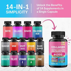 14-in-1 Multi-Collagen Blend Capsules (Type I, II, III, V & X, 64000MCG) — Collagen, Biotin, Keratin, Hyaluronic Acid, Magnesium, Grape Seed, MSM, Vitamins C, E & A, Quercetin, Folate, Zinc, and Black Pepper