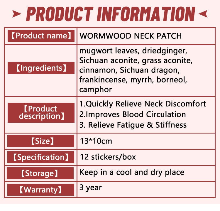 Wormwood Neck Patch (12 patches) | Medicated Patch for Neck Pain, Joint Swelling, and Neck Discomfort