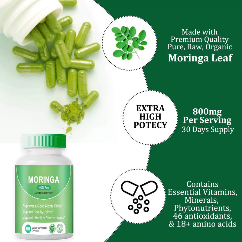 Moringa Capsule (800mg) | Dietary Supplement for Digestion, Bone & Joint, Sleep, Immunity, Energy, Skin, and Cognition