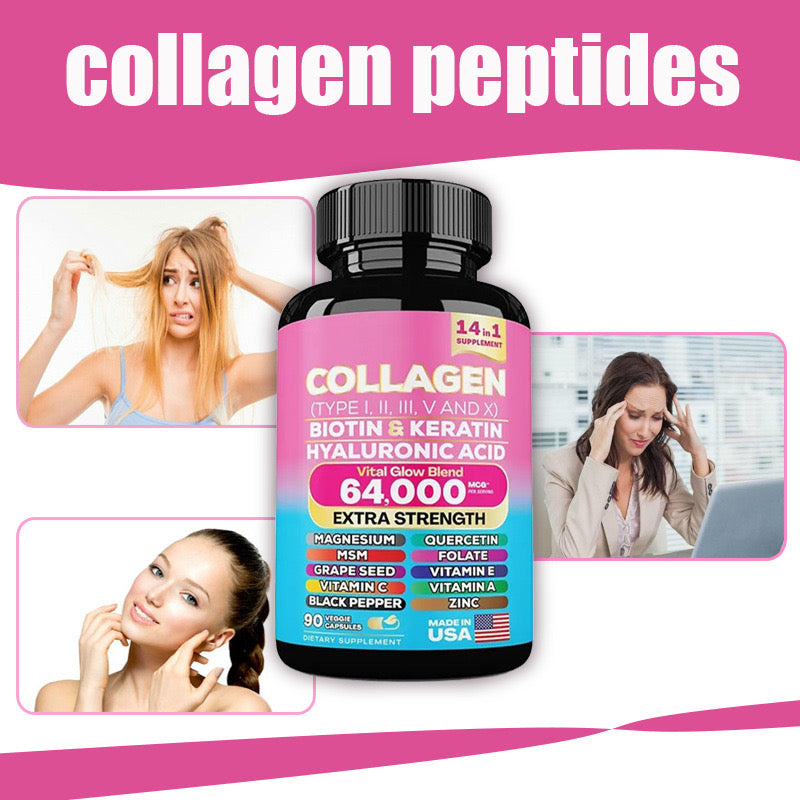 14-in-1 Multi-Collagen Blend Capsules (Type I, II, III, V & X, 64000MCG) — Collagen, Biotin, Keratin, Hyaluronic Acid, Magnesium, Grape Seed, MSM, Vitamins C, E & A, Quercetin, Folate, Zinc, and Black Pepper