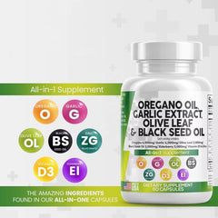 7-in-1 Oregano Oil Blend Capsule — Oregano Oil, Garlic, Olive Leaf, Black Seed Oil, Zinc, Elderberry, and Vitamin D3