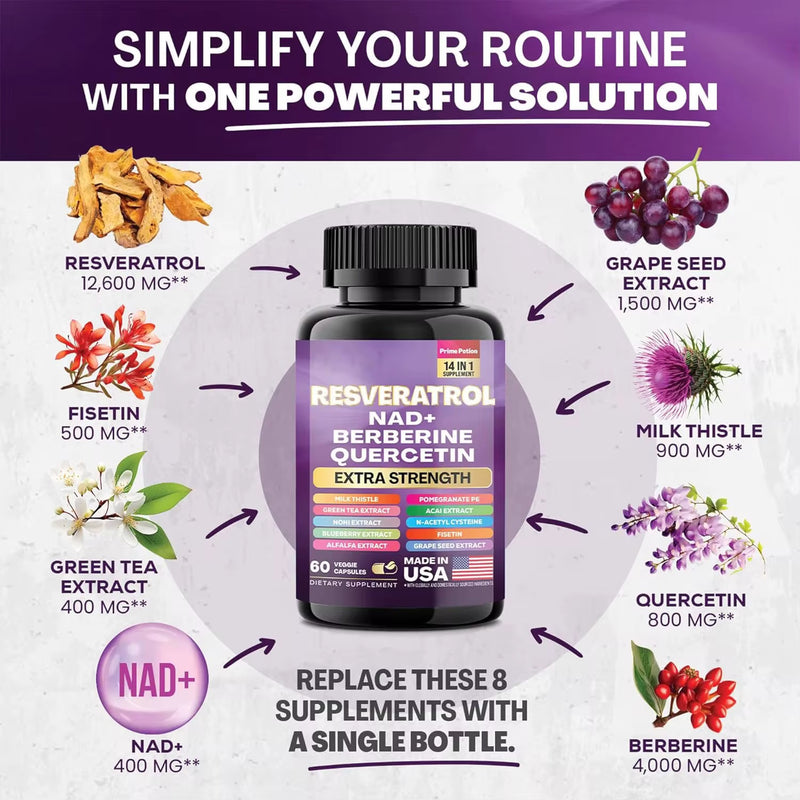 14-in-1 Resveratrol Blend Capsule — Resveratrol, Fisetin, Berberine, Quercetin, Grape Seed, Milk Thistle, Green Tea, NAD+, Noni, NAC, Blueberry, Alfalfa, Pomegranate, and Acai