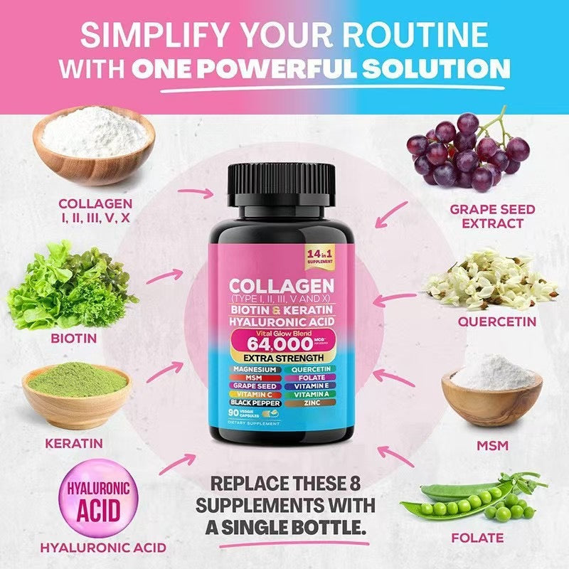 14-in-1 Multi-Collagen Blend Capsules (Type I, II, III, V & X, 64000MCG) — Collagen, Biotin, Keratin, Hyaluronic Acid, Magnesium, Grape Seed, MSM, Vitamins C, E & A, Quercetin, Folate, Zinc, and Black Pepper