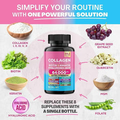 14-in-1 Multi-Collagen Blend Capsules (Type I, II, III, V & X, 64000MCG) — Collagen, Biotin, Keratin, Hyaluronic Acid, Magnesium, Grape Seed, MSM, Vitamins C, E & A, Quercetin, Folate, Zinc, and Black Pepper