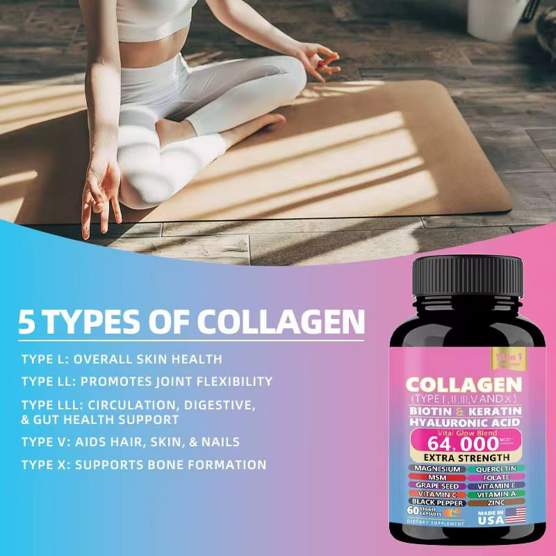 14-in-1 Multi-Collagen Blend Capsules (Type I, II, III, V & X, 64000MCG) — Collagen, Biotin, Keratin, Hyaluronic Acid, Magnesium, Grape Seed, MSM, Vitamins C, E & A, Quercetin, Folate, Zinc, and Black Pepper