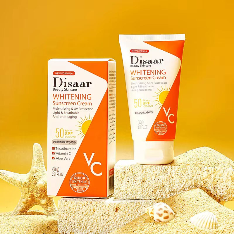 DISAAR Whitening Sunscreen Cream with Nicotinamide, Vitamin C, and Aloe Vera (80g size, SPF 50 PA+++)