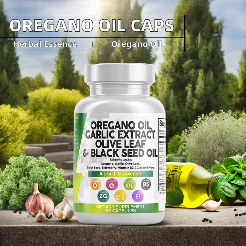 7-in-1 Oregano Oil Blend Capsule — Oregano Oil, Garlic, Olive Leaf, Black Seed Oil, Zinc, Elderberry, and Vitamin D3