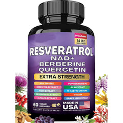 14-in-1 Resveratrol Blend Capsule — Resveratrol, Fisetin, Berberine, Quercetin, Grape Seed, Milk Thistle, Green Tea, NAD+, Noni, NAC, Blueberry, Alfalfa, Pomegranate, and Acai