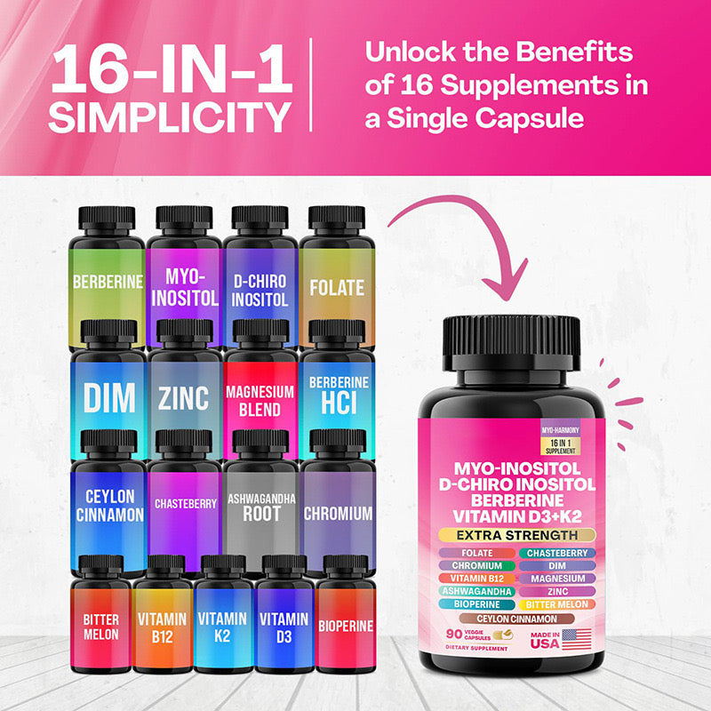 16-in-1 Myo-Inositol Blend Capsule (90 capsules) — Myo-Inositol, Berberine, D-Chiro Inositol, Folate, DIM, Zinc, Magnesium Blend, Ceylon Cinnamon, Ashwagandha, Chasteberry, Chromium, Bitter Melon, Vitamins B12, K2 & D3, and Bioperine