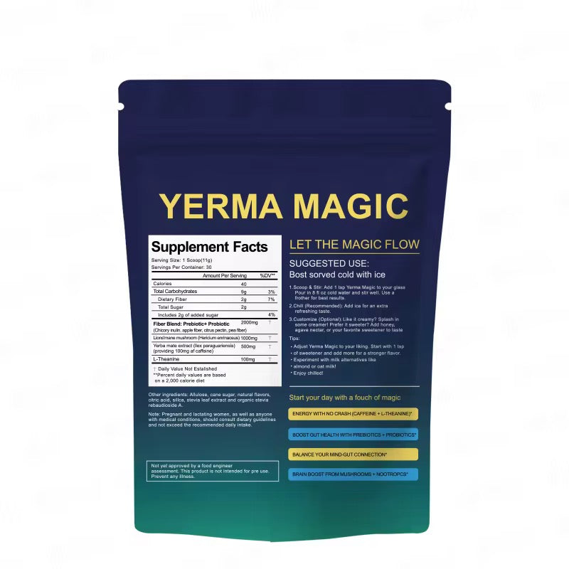 Yerma Magic Powder with Yerba Mate, Fiber Blend, Lion’s Mane, L-Theanine (330g size, 30 servings) | Dietary Supplement for Energy, Gut, Brain Fog, and Focus