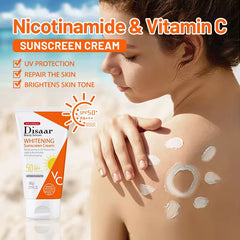 DISAAR Whitening Sunscreen Cream with Nicotinamide, Vitamin C, and Aloe Vera (80g size, SPF 50 PA+++)