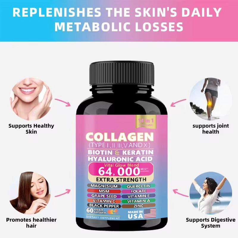 14-in-1 Multi-Collagen Blend Capsules (Type I, II, III, V & X, 64000MCG) — Collagen, Biotin, Keratin, Hyaluronic Acid, Magnesium, Grape Seed, MSM, Vitamins C, E & A, Quercetin, Folate, Zinc, and Black Pepper