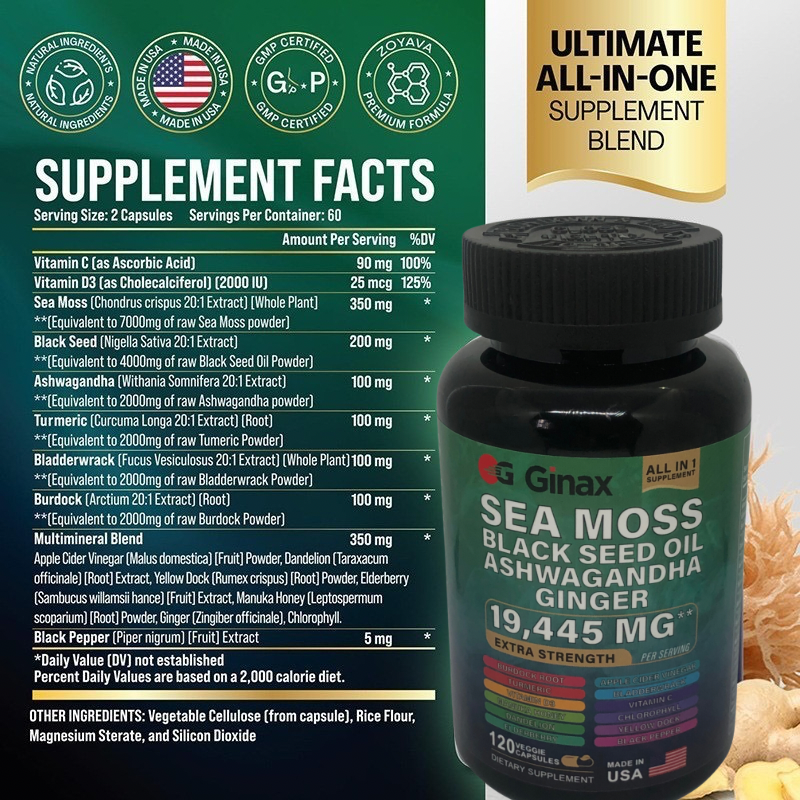 GINAX 16-in-1 Sea Moss Blend Capsule (120 capsules, 19445mg) — Sea Moss, Black Seed Oil, Ashwagandha, Ginseng, Burdock Root, Turmeric, Vitamin D3, Manuka Honey, Dandelion, Elderberry, ACV, Bladderwrack, Vitamin C, Chlorophyll, Yellow Dock and Black Pepper