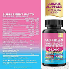 14-in-1 Multi-Collagen Blend Capsules (Type I, II, III, V & X, 64000MCG) — Collagen, Biotin, Keratin, Hyaluronic Acid, Magnesium, Grape Seed, MSM, Vitamins C, E & A, Quercetin, Folate, Zinc, and Black Pepper