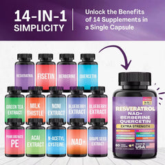 14-in-1 Resveratrol Blend Capsule — Resveratrol, Fisetin, Berberine, Quercetin, Grape Seed, Milk Thistle, Green Tea, NAD+, Noni, NAC, Blueberry, Alfalfa, Pomegranate, and Acai