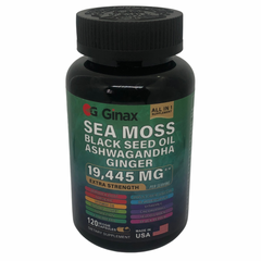 GINAX 16-in-1 Sea Moss Blend Capsule (120 capsules, 19445mg) — Sea Moss, Black Seed Oil, Ashwagandha, Ginseng, Burdock Root, Turmeric, Vitamin D3, Manuka Honey, Dandelion, Elderberry, ACV, Bladderwrack, Vitamin C, Chlorophyll, Yellow Dock and Black Pepper