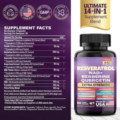 14-in-1 Resveratrol Blend Capsule — Resveratrol, Fisetin, Berberine, Quercetin, Grape Seed, Milk Thistle, Green Tea, NAD+, Noni, NAC, Blueberry, Alfalfa, Pomegranate, and Acai