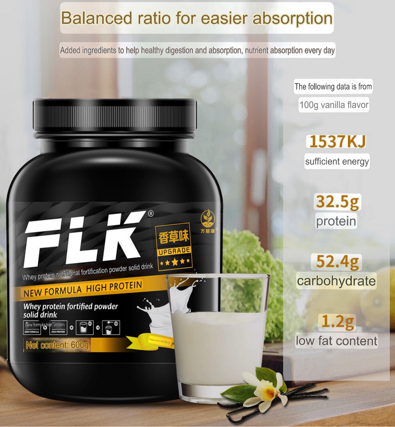 FLK Whey Protein Nutritional Fortified Powder (600g size, 32.5g protein, Vanilla flavor)