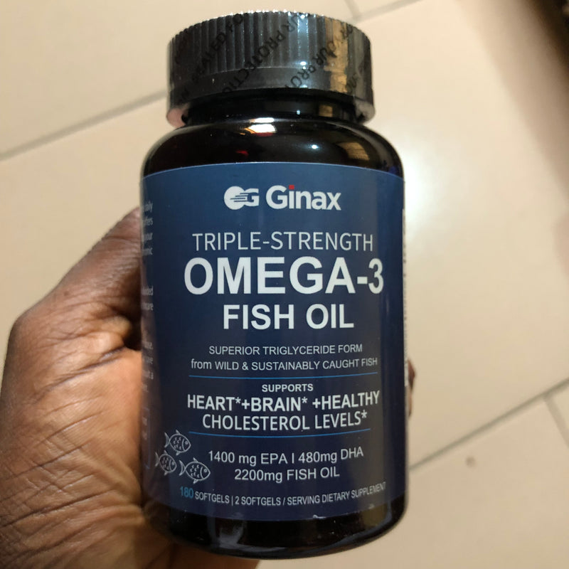 GINAX Triple Strength Omega-3 Fish Oil Capsules with EPA and DHA (180 softgels, 2200mg fish oil, 1400mg EPA, 480mg DHA)