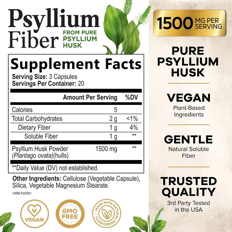 Psyllium Fiber Capsules (1500mg) | Dietary Supplement for Digestion, Bowel Movement, and Regularity Support