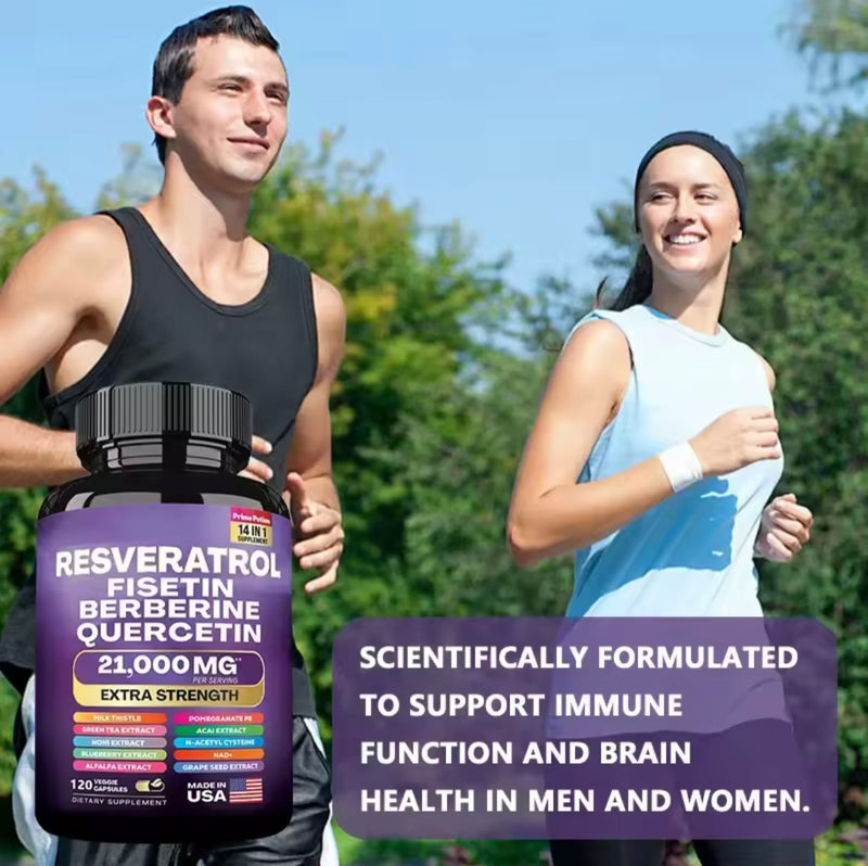 14-in-1 Resveratrol Blend Capsule — Resveratrol, Fisetin, Berberine, Quercetin, Grape Seed, Milk Thistle, Green Tea, NAD+, Noni, NAC, Blueberry, Alfalfa, Pomegranate, and Acai