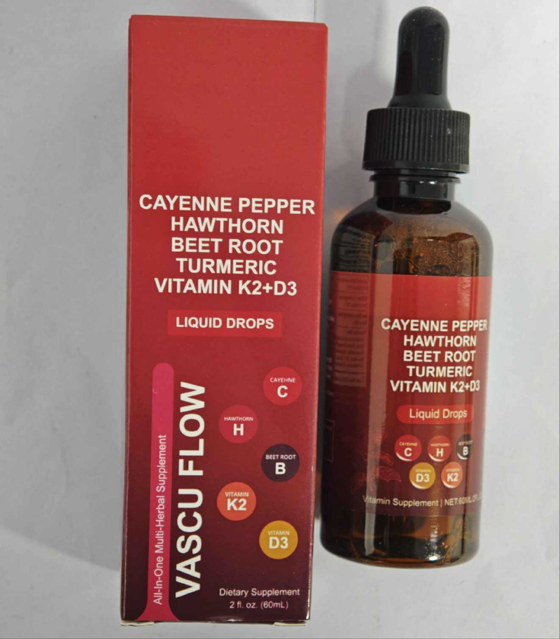 VASCU FLOW Cayenne Pepper Liquid Drops with Hawthorn, Beet Root, Turmeric, and Vitamins K2 & D3 (60ml)