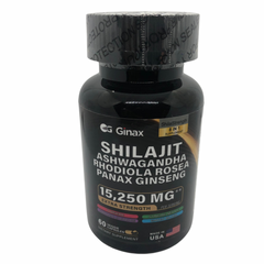 GINAX 8-in-1 Shilajit Blend Capsules — Shilajit, Panax Ginseng, Ashwagandha, Rhodiola Rosea, Turmeric, Gingko Biloba, Stinging Nettle, and Cordyceps Mushroom (15250mg)