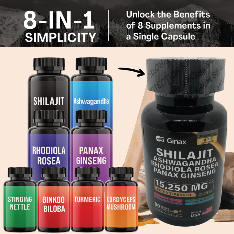 GINAX 8-in-1 Shilajit Blend Capsules — Shilajit, Panax Ginseng, Ashwagandha, Rhodiola Rosea, Turmeric, Gingko Biloba, Stinging Nettle, and Cordyceps Mushroom (15250mg)