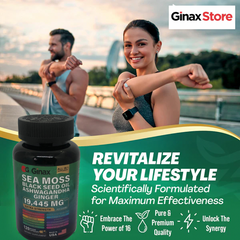 GINAX 16-in-1 Sea Moss Blend Capsule (120 capsules, 19445mg) — Sea Moss, Black Seed Oil, Ashwagandha, Ginseng, Burdock Root, Turmeric, Vitamin D3, Manuka Honey, Dandelion, Elderberry, ACV, Bladderwrack, Vitamin C, Chlorophyll, Yellow Dock and Black Pepper