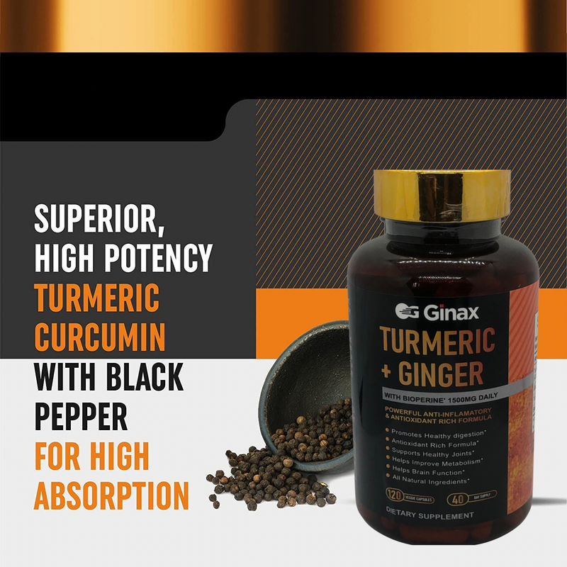 GINAX Turmeric Curcumin Capsules with Ginger and Black Pepper (120 capsules, 1965mg)