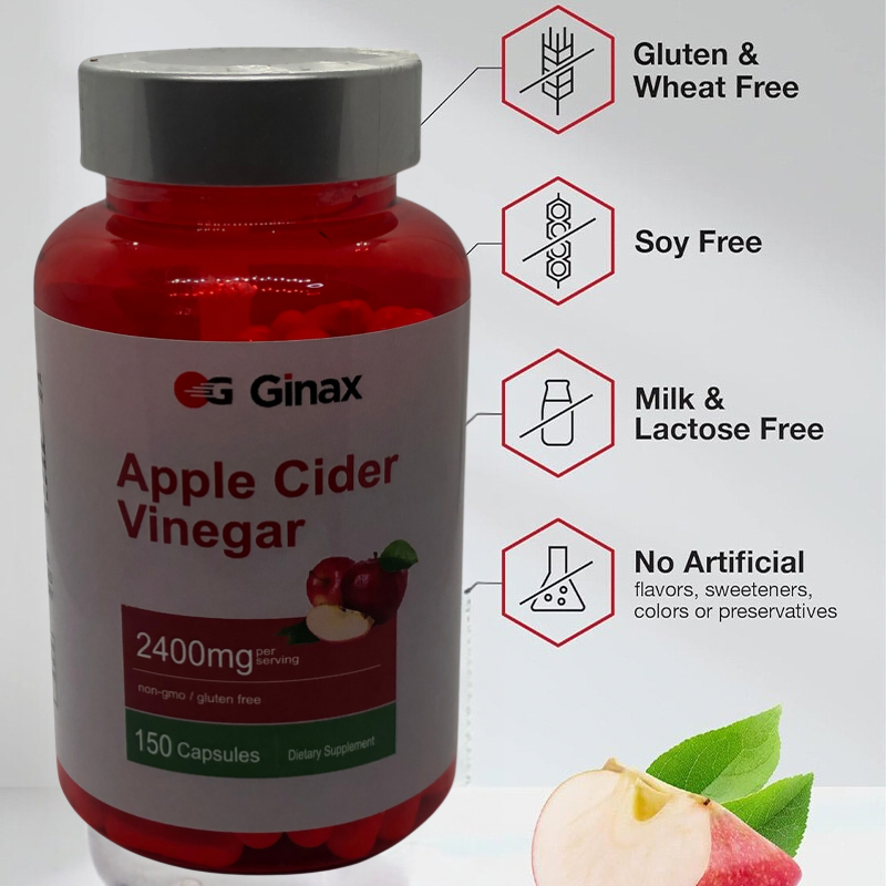 GINAX Apple Cider Vinegar Capsules (150 capsules, 2400mg) | Dietary Supplement for Digestion, Weight Loss, Detoxification, Blood Sugar, Skincare, Heart, and Immunity