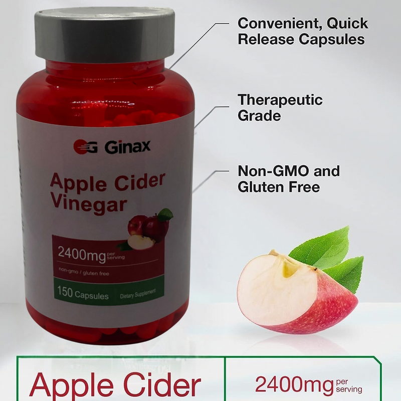 GINAX Apple Cider Vinegar Capsules (150 capsules, 2400mg) | Dietary Supplement for Digestion, Weight Loss, Detoxification, Blood Sugar, Skincare, Heart, and Immunity