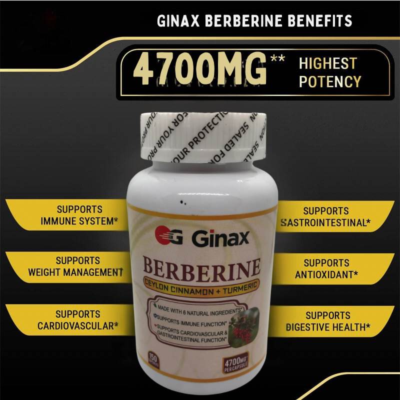 GINAX Berberine Capsules with Ceylon Cinnamon and Turmeric (150 Capsules, 4700mg) | Dietary Supplement for Blood Sugar, Cardiovascular, Digestion, and Weight Management