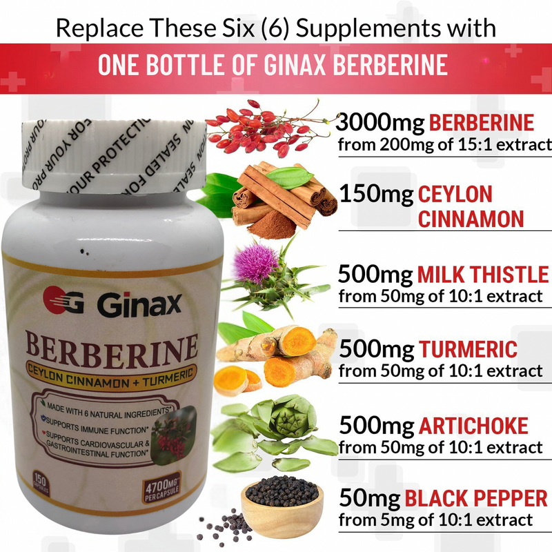 GINAX Berberine Capsules with Ceylon Cinnamon and Turmeric (150 Capsules, 4700mg) | Dietary Supplement for Blood Sugar, Cardiovascular, Digestion, and Weight Management