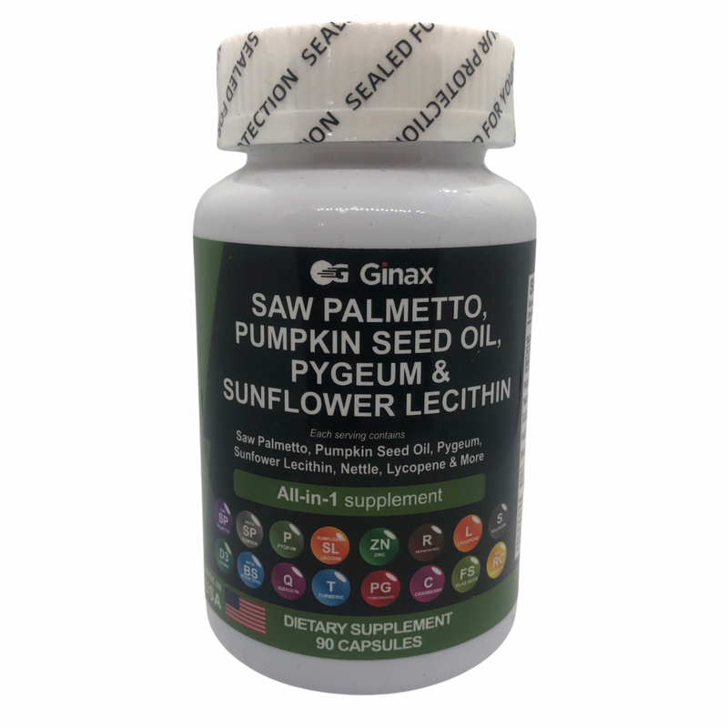 GINAX 16-in-1 Saw Palmetto Blend Capsule (90 capsules) — Saw Palmetto, Pumpkin Seed, Pygeum, Sunflower Lecithin, Zinc, Stinging Nettle, Resveratrol, Lycopene, Selenium, Vitamin D3, Quercetin, Turmeric, Pomegranate, Cranberry, Flax Seed, & Beta-Sitosterol