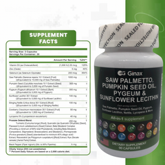 GINAX 16-in-1 Saw Palmetto Blend Capsule (90 capsules) — Saw Palmetto, Pumpkin Seed, Pygeum, Sunflower Lecithin, Zinc, Stinging Nettle, Resveratrol, Lycopene, Selenium, Vitamin D3, Quercetin, Turmeric, Pomegranate, Cranberry, Flax Seed, & Beta-Sitosterol