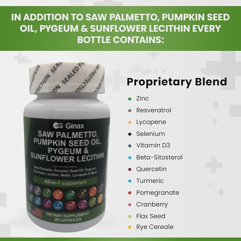 GINAX 16-in-1 Saw Palmetto Blend Capsule (90 capsules) — Saw Palmetto, Pumpkin Seed, Pygeum, Sunflower Lecithin, Zinc, Stinging Nettle, Resveratrol, Lycopene, Selenium, Vitamin D3, Quercetin, Turmeric, Pomegranate, Cranberry, Flax Seed, & Beta-Sitosterol