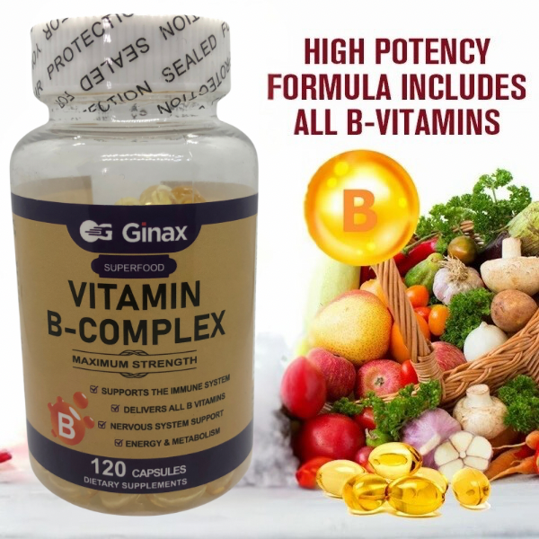 GINAX Vitamin B-Complex Capsule (120 softgels) | Dietary Supplement for Immunity, Nervous System, Energy, Metabolism, Heart, and Cognition