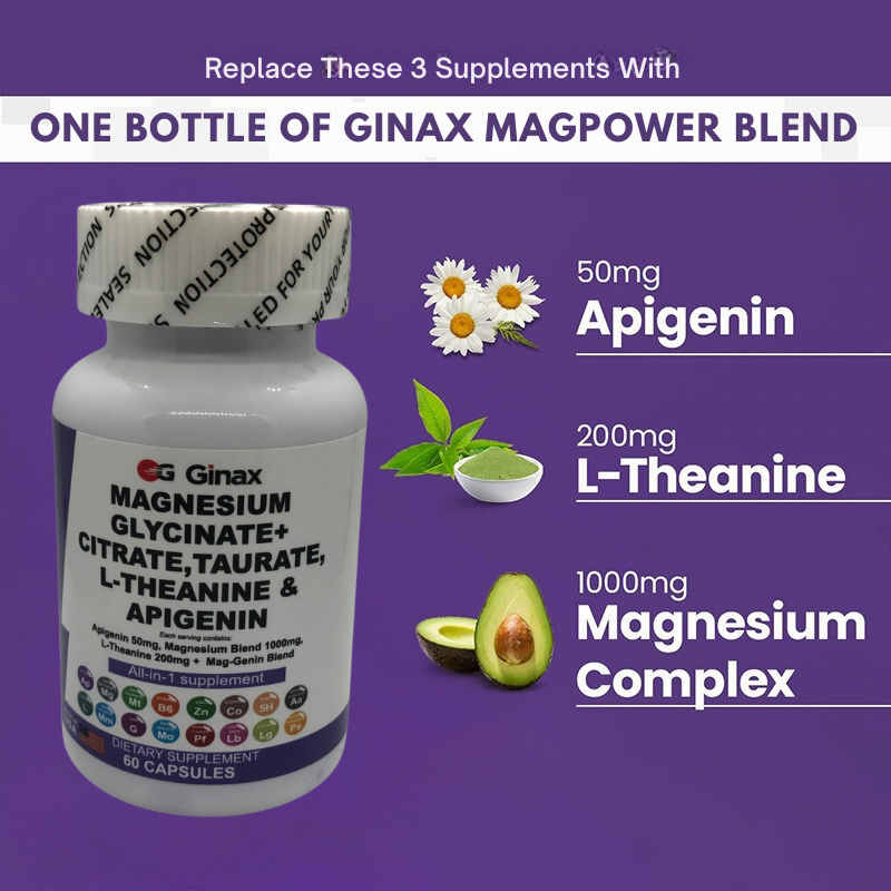 GINAX 16-in-1 Magnesium Blend Capsules — Magnesium (Glycinate, Malate, Taurate, Citrate, and Oxide), Vitamin B6, Zinc, L-Theanine, Chamomile, Apigenin, L-Tryptophan, 5-HTP, GABA, Passion Flower, L-Glycine, and Ashwagandha