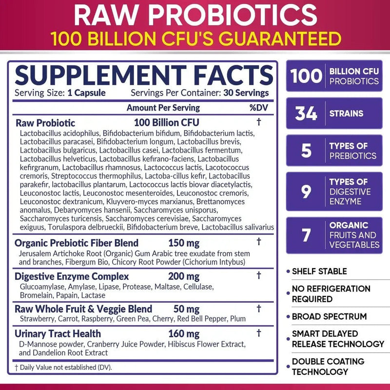 GINAX Women’s Raw Probiotic Capsules with Prebiotics, Probiotics, and Digestive Enzymes (34 strains, 100 billion CFUs)