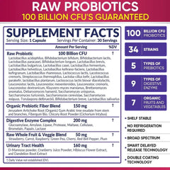 GINAX Women’s Raw Probiotic Capsules with Prebiotics, Probiotics, and Digestive Enzymes (34 strains, 100 billion CFUs)