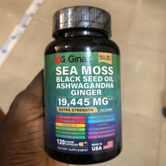 GINAX 16-in-1 Sea Moss Blend Capsule (120 capsules, 19445mg) — Sea Moss, Black Seed Oil, Ashwagandha, Ginseng, Burdock Root, Turmeric, Vitamin D3, Manuka Honey, Dandelion, Elderberry, ACV, Bladderwrack, Vitamin C, Chlorophyll, Yellow Dock and Black Pepper