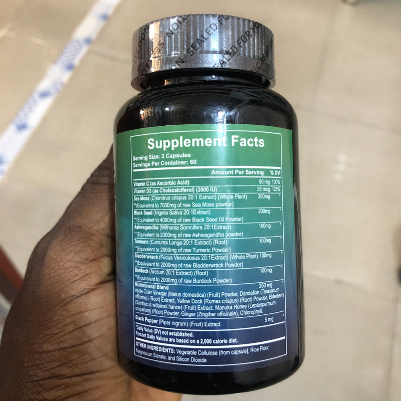 GINAX 16-in-1 Sea Moss Blend Capsule (120 capsules, 19445mg) — Sea Moss, Black Seed Oil, Ashwagandha, Ginseng, Burdock Root, Turmeric, Vitamin D3, Manuka Honey, Dandelion, Elderberry, ACV, Bladderwrack, Vitamin C, Chlorophyll, Yellow Dock and Black Pepper