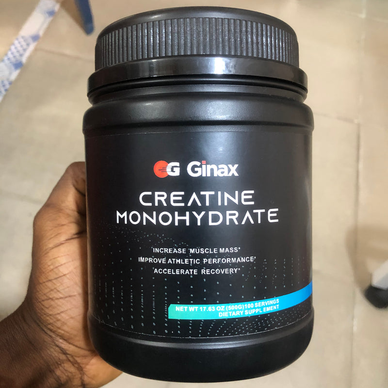 GINAX Creatine Monohydrate Powder (500g size, 5000mg creatine, 100 servings) | Dietary Supplement for Strength, Performance, Growth, Cognition, and Energy