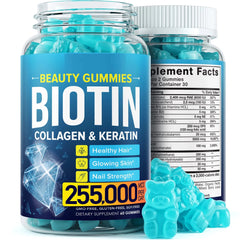 Biotin Gummies with Collagen, Keratin, MSM, and Vitamins (255,000mcg) | Dietary Supplement for Hair, Skin, and Nails