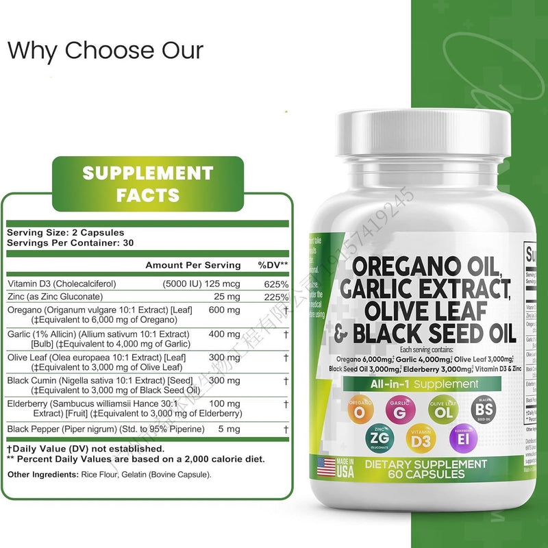 7-in-1 Oregano Oil Blend Capsule — Oregano Oil, Garlic, Olive Leaf, Black Seed Oil, Zinc, Elderberry, and Vitamin D3