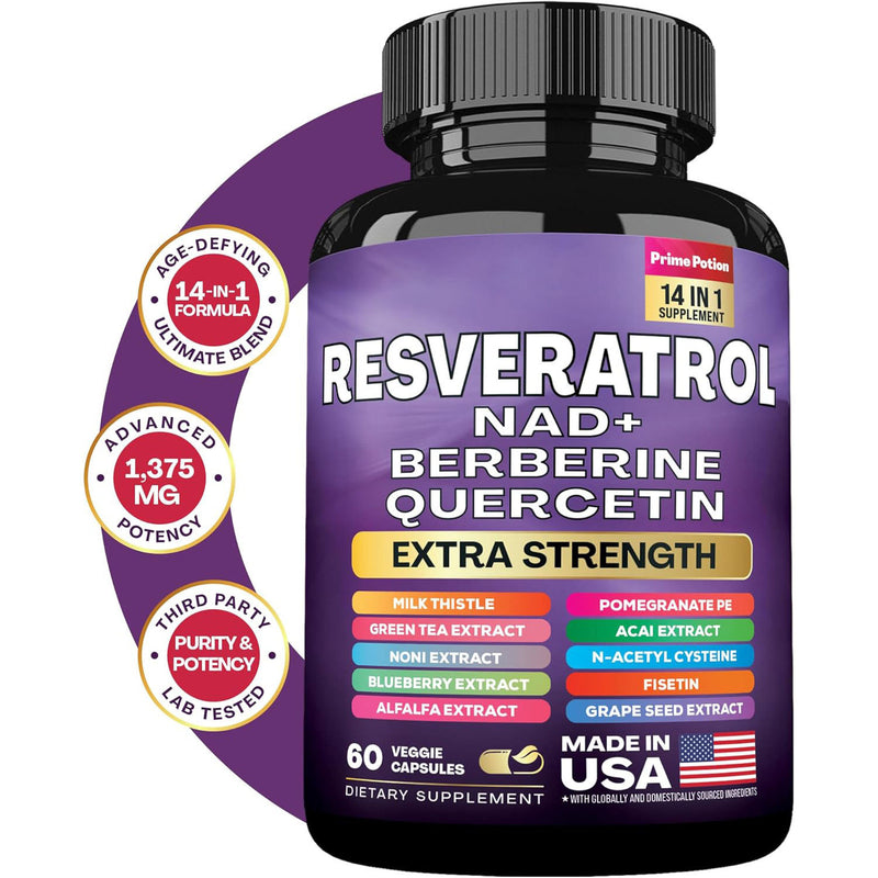 14-in-1 Resveratrol Blend Capsule — Resveratrol, Fisetin, Berberine, Quercetin, Grape Seed, Milk Thistle, Green Tea, NAD+, Noni, NAC, Blueberry, Alfalfa, Pomegranate, and Acai